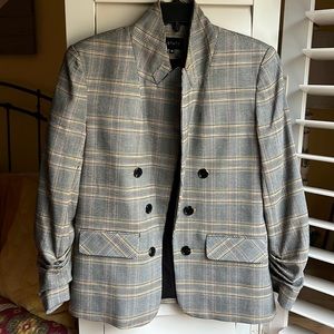 1State gathered sleeve in glen plaid with pink and yellow. Size M